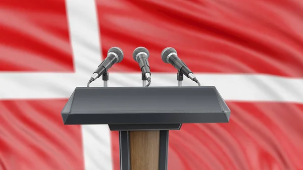 Podium Mit Mikrofonen Und Dänischer Flagge Hintergrund — Stockfoto