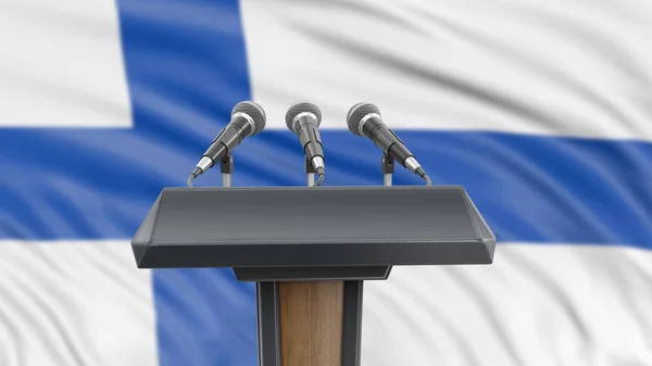 Лектерн Подиуме Микрофонами Финским Флагом Заднем Плане — стоковое фото
