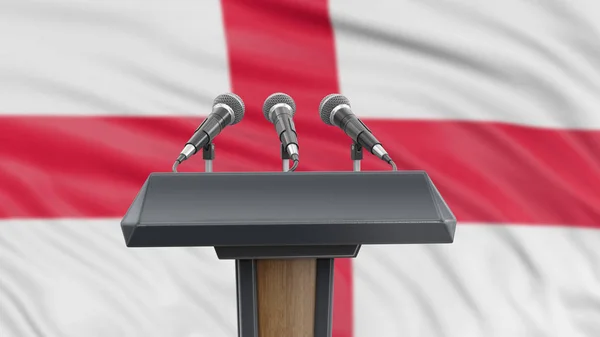 Podium Lectern Met Microfoons Engelse Vlag Achtergrond — Stockfoto