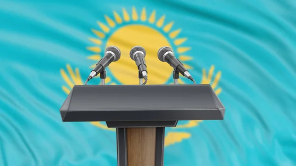 Podium Lectern Com Microfones Bandeira Cazaque Fundo — Fotografia de Stock