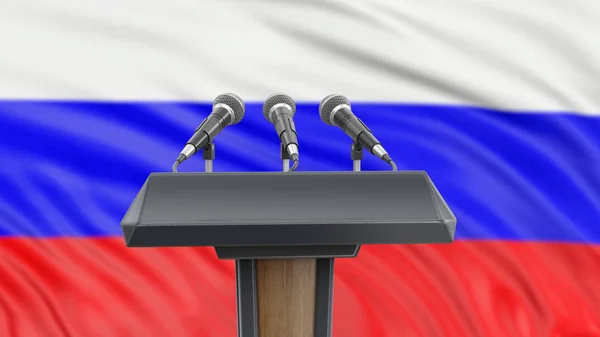 Подиум Микрофонами Российским Флагом Заднем Плане — стоковое фото