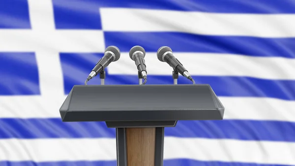 Podium lectern with microphones and Greek flag in background