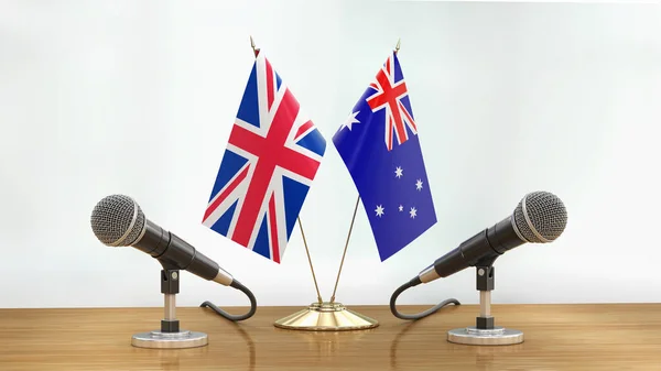 Microphones Flags Pair Desk Defocused Background — Stock Photo, Image