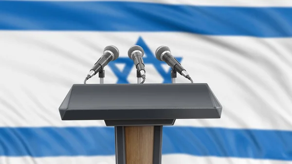 Patrón Podio Con Micrófonos Bandera Israel Segundo Plano —  Fotos de Stock