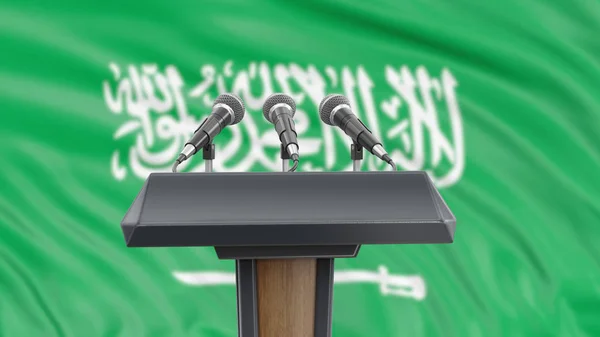 Podium Lectern Com Microfones Bandeira Arábia Saudita Segundo Plano — Fotografia de Stock