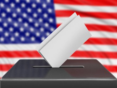 Arka planda Amerikan bayrağı olan oy sandığı 