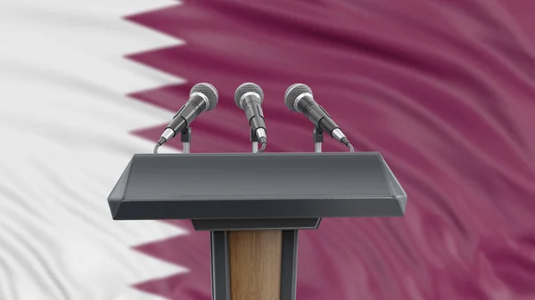 Podium Lectern Com Microfones Bandeira Qatar Segundo Plano — Fotografia de Stock