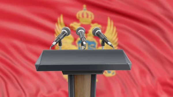 Podium Lectern Com Microfones Bandeira Montenegrina Fundo — Fotografia de Stock