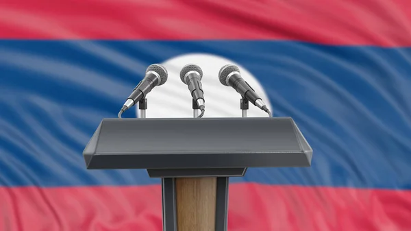 Podium Lectern Com Microfones Bandeira Laos Segundo Plano — Fotografia de Stock