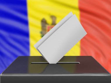 Arka planda Moldova bayrağı olan oy sandığı 