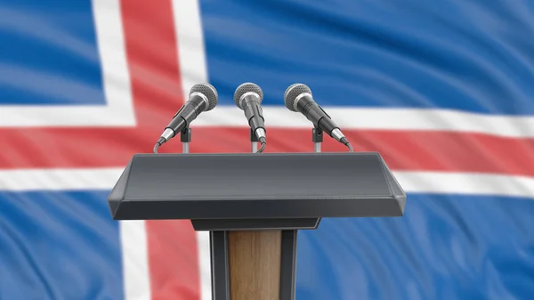 Podium Lectern Мікрофонами Ісландським Прапором Задньому Плані — стокове фото
