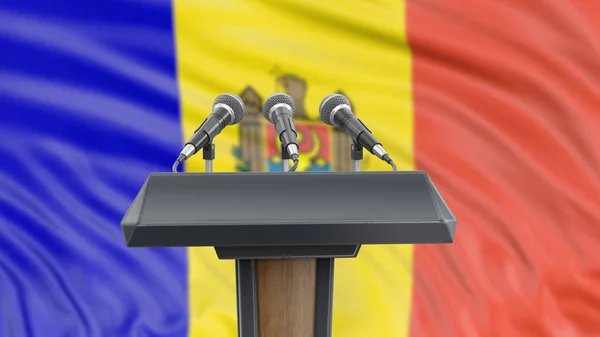 Podium Lectern Com Microfones Bandeira Moldávia Segundo Plano — Fotografia de Stock