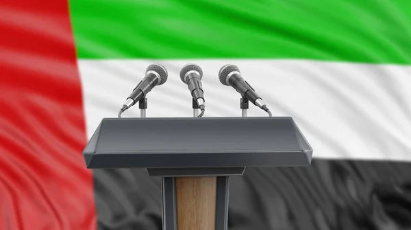 Podium Lectern Microphones United Arab Emirates Flag Background — Stock Photo, Image