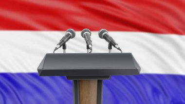 Podium lectern with microphones and Netherlands Flag in background clipart