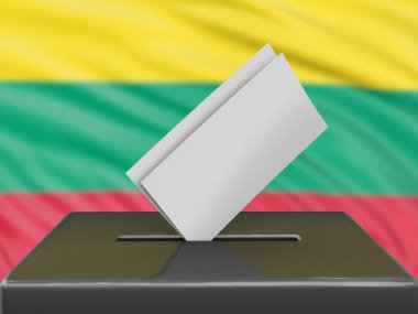 Arka planda Litvanya bayrağı olan oy sandığı 