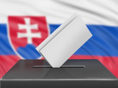 Arka planda Slovakya bayrağı olan oy sandığı 