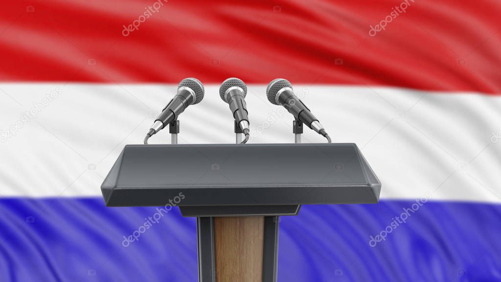 Podium lectern with microphones and Netherlands Flag in background