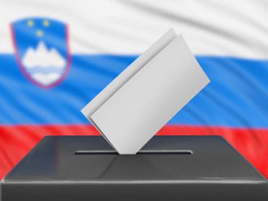 Arka planda Slovenya bayrağı olan oy sandığı 