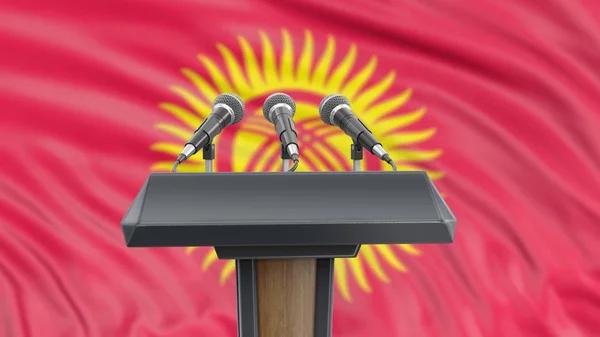 Podium Lectern Com Microfones Bandeira Kirghiz Fundo — Fotografia de Stock