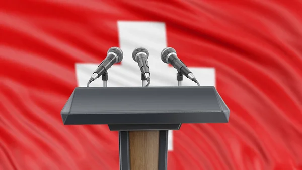 Podium Mit Mikrofonen Und Schweizer Flagge Hintergrund — Stockfoto