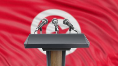 Podium lectern with microphones and Tunisian Flag in background clipart