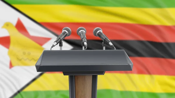 Podium Lectern Met Microfoons Zimbabwe Vlag Achtergrond — Stockfoto