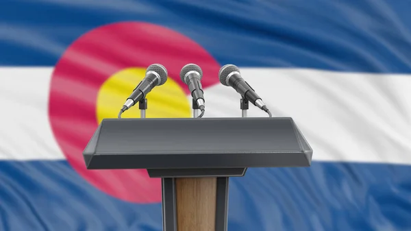 Podium Lectern Com Microfones Bandeira Colorado Segundo Plano — Fotografia de Stock