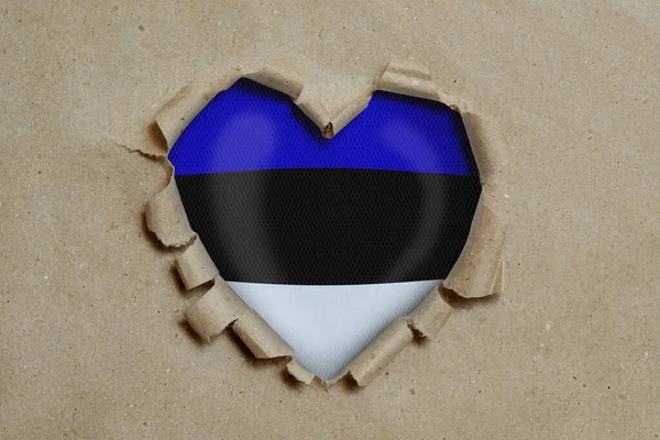 Heart Shaped Hole Torn Paper Showing Estonian Flag — Stock Photo, Image