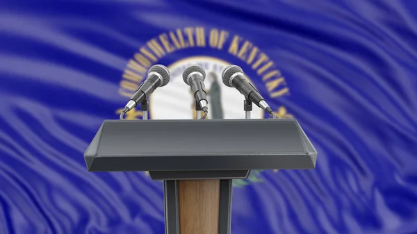 Лектерн Подиуме Микрофонами Флагом Кентукки Заднем Плане — стоковое фото