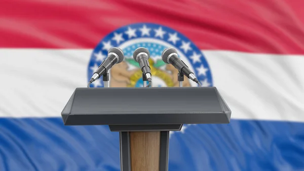 Podium Lectern Microphones Missouri Flag Background — Stock Photo, Image