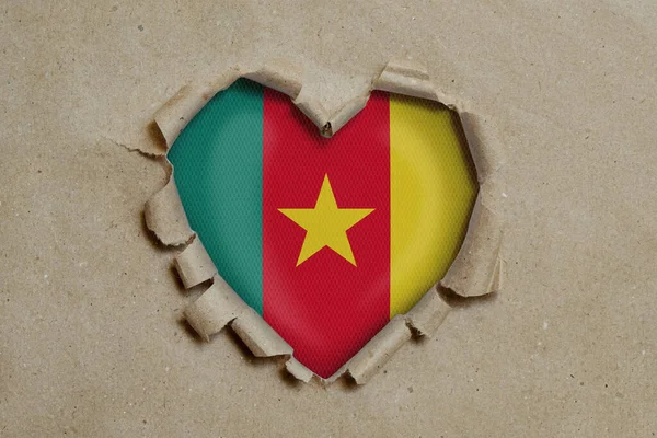 Herzförmiges Loch Durch Papier Gerissen Zeigt Kamerun Flagge — Stockfoto