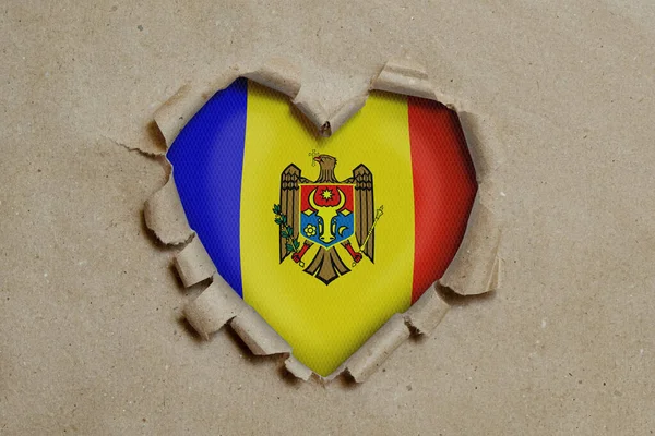 Heart Shaped Hole Torn Paper Showing Moldavian Flag — Stock Photo, Image