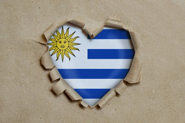 Hartvormig Gat Door Papier Gescheurd Met Uruguayaanse Vlag — Stockfoto