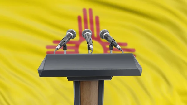 Patrón Podio Con Micrófonos Bandera Nuevo México Segundo Plano — Foto de Stock