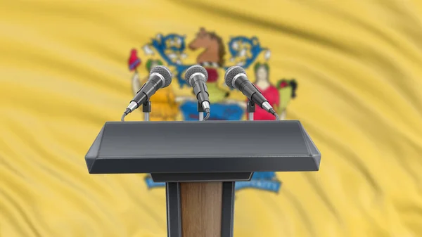 Podiumspult Mit Mikrofonen Und New Jersey Flagge Hintergrund — Stockfoto