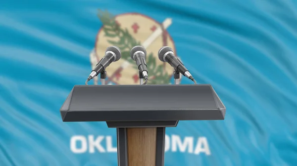 Patrón Podio Con Micrófonos Bandera Oklahoma Segundo Plano —  Fotos de Stock