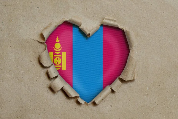 Τρύπα Σχήμα Καρδιάς Σχισμένη Χαρτί Που Δείχνει Σημαία Μογγολίας — Φωτογραφία Αρχείου