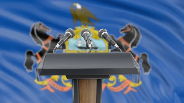 Podium Mit Mikrofonen Und Pennsylvania Flagge Hintergrund — Stockfoto