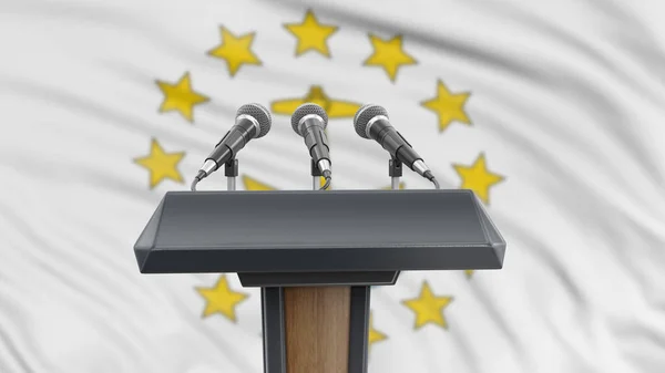 Podium Lectern Com Microfones Bandeira Rhode Island Segundo Plano — Fotografia de Stock