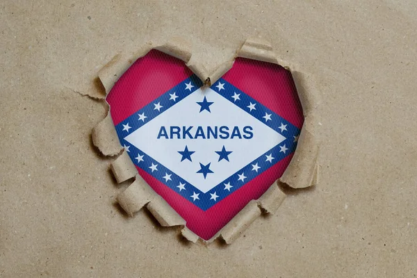 Heart Shaped Hole Torn Paper Showing Arkansas Flag — Stock Photo, Image