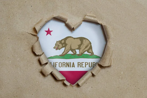 Heart Shaped Hole Torn Paper Showing California Flag — Stock Photo, Image