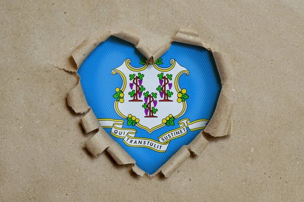 Heart Shaped Hole Torn Paper Showing Connecticut Flag — Stock Photo, Image