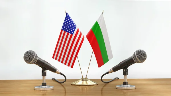 Microphones Flags Pair Desk Defocused Background — Stock Photo, Image