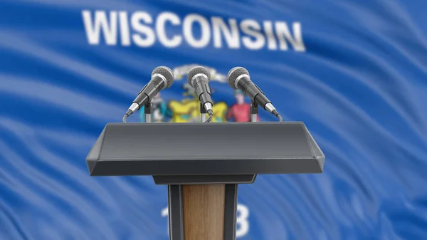 Podium Mit Mikrofonen Und Wisconsin Flagge Hintergrund — Stockfoto