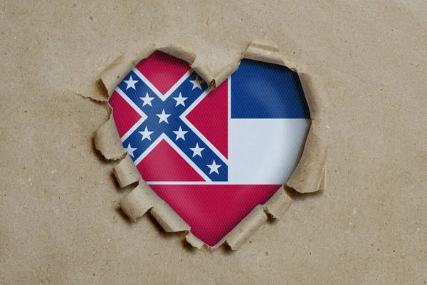 Heart Shaped Hole Torn Paper Showing Mississippi Flag — Stock Photo, Image