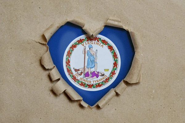 Heart Shaped Hole Torn Paper Showing Virginia Flag — Stock Photo, Image