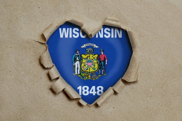 Heart Shaped Hole Torn Paper Showing Wisconsin Flag — Stock Photo, Image