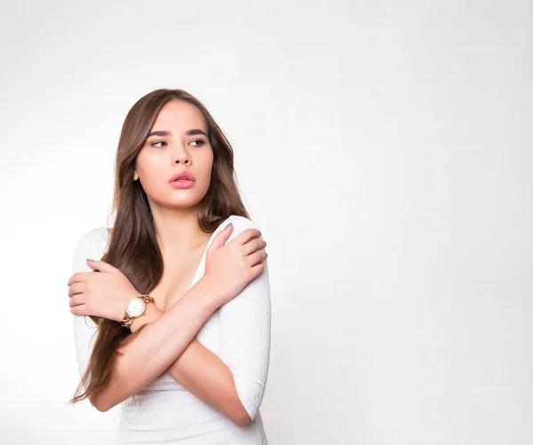 stock image beautiful young woman with long hair wearing wrist watch