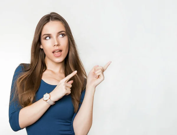 Beautiful Young Woman Long Brown Hair Posing Grey Background Wearing — Stock Photo, Image