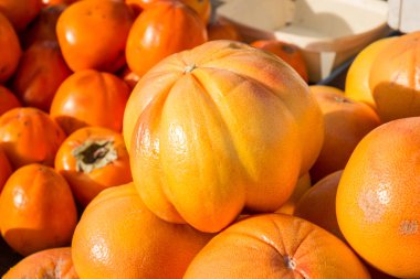 Greyfurt ve hurma bir semt pazarı durak, güneş ışığı altında